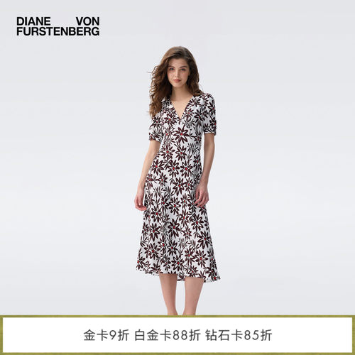 DVF2026早秋新款茶歇裙咖白星尘花粘纤绉纱泡泡袖连衣裙DS2U031