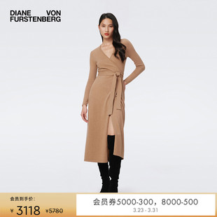 DVF沙漠驼V领高腰长袖 羊绒 纯色羊毛混纺针织连衣裙MR43E00 羊毛