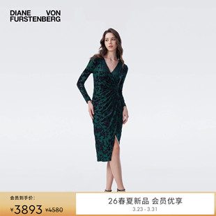 黑绿藤蔓丝绒烧花连衣裙DL4T021 DVF2026早春新款 重工烧花丝绒