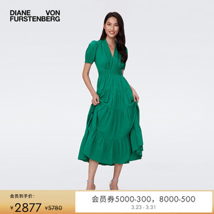 DVFV领茶歇裙碧草绿色植物印花高腰设计泡泡袖 连衣裙DS4S035 短袖