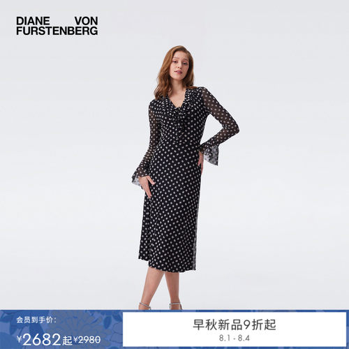 [重工植绒网纱]DVF2026早秋新款黑白波点V领上衣半裙套装