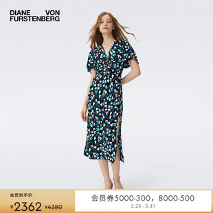 DVF度假V领茶歇裙绿白钢琴剪影图案荷叶袖 连衣裙DS4S024 短袖