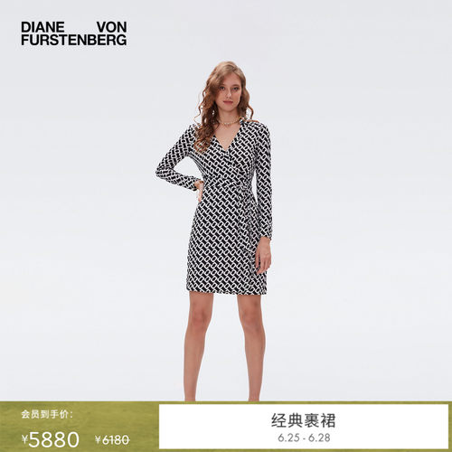 [100%真丝 品牌经典]DVF黑白锁链印花长袖短款裹身连衣裙MR39E00