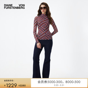 半高领植物印花弹力网纱上衣BL3T005 DVF打底衫 弹力网纱