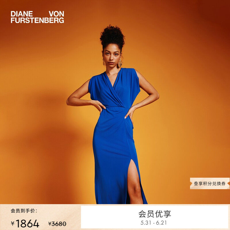 [哑光针织]DVF纯色月辉蓝V领腰部扭结高开叉轻礼服连衣裙MR84E00