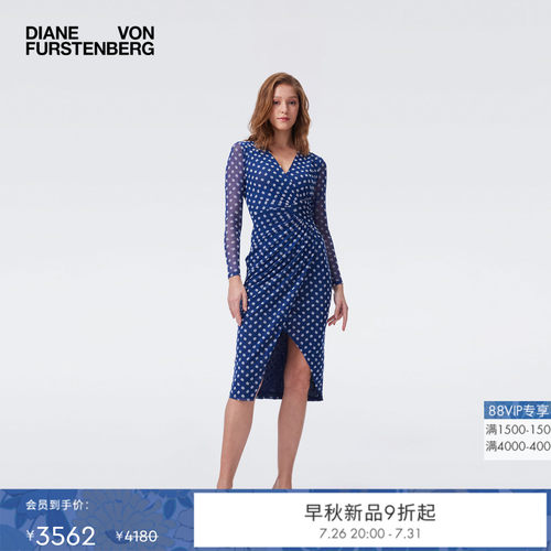 [七夕礼物]DVF2026早秋新款蓝白波点V领围裹式连衣裙DL2U002