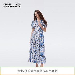 DVF2026春夏新款V领茶歇裙蓝白绿野仙踪泡泡袖长款连衣裙DS1U018