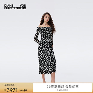 一字肩绿白波点玫瑰收腰连衣裙DL1U007 DVF2026春夏新款 弹力网纱
