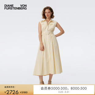 DVF浅黄色夏日条纹印花衬衫 连衣裙DS1T013 领A字裙摆简约休闲无袖