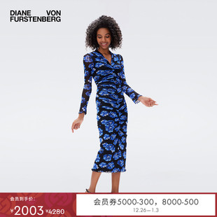 弹力网纱连衣裙DL3R025 中长款 DVF V领植物印花长袖