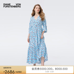 DVFV领冰河蓝藤蔓花卉图案宽松度假风七分袖 连衣裙DL2T012 长款