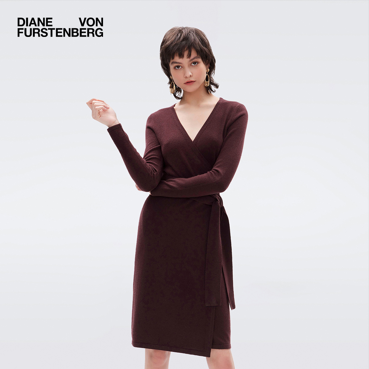 DVF可可棕V领毛衣裙裹身连衣裙