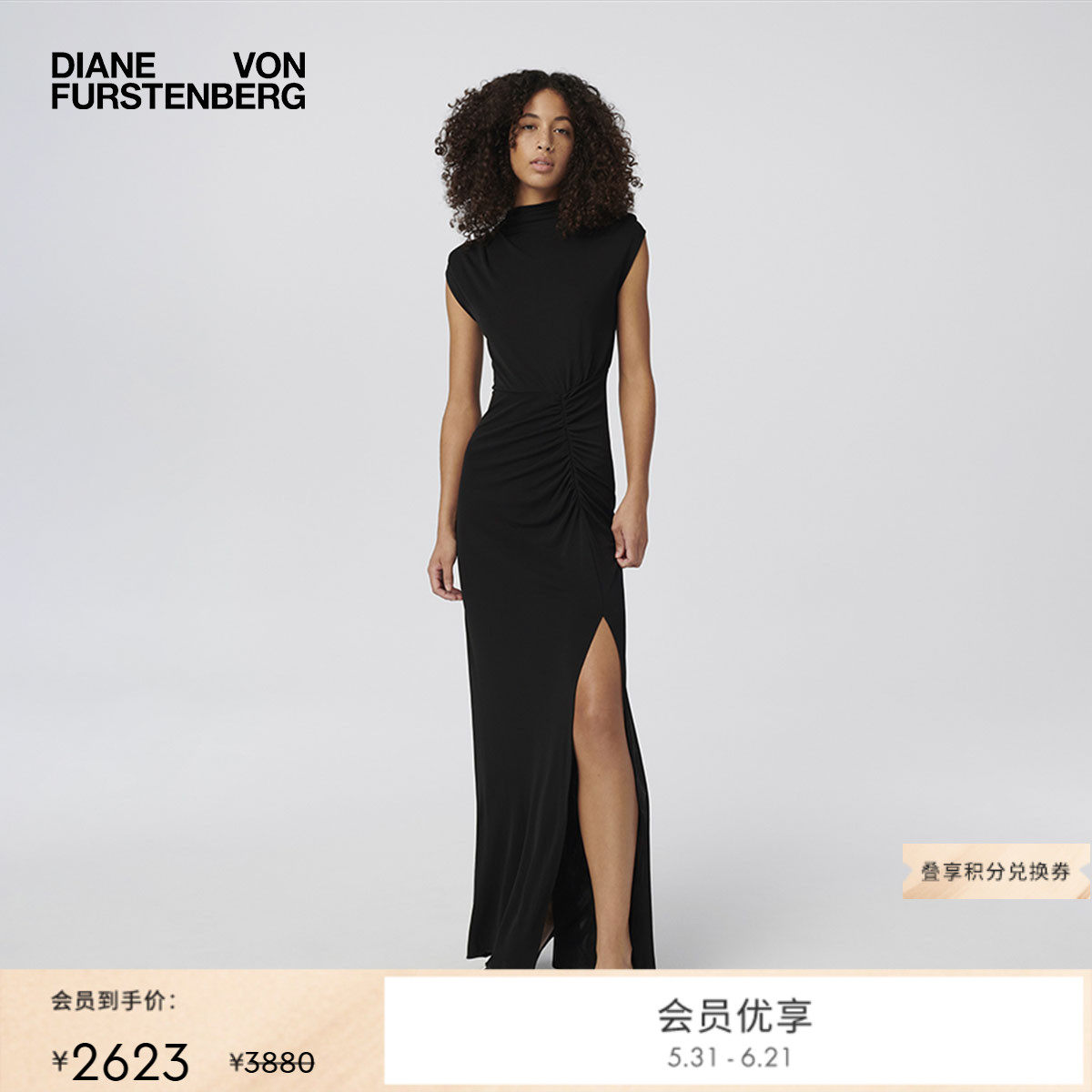 [小黑裙][哑光针织]DVF黑色半高领新中式礼服无袖连衣裙MR44E00