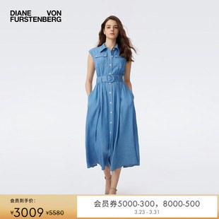 连衣裙DS2T038 领休闲无袖 DVF 度假浅蓝色衬衫