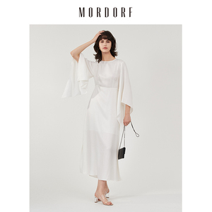 MORDORF桑蚕丝法式白色收腰绑带连衣裙女2026春季设计感气质长裙