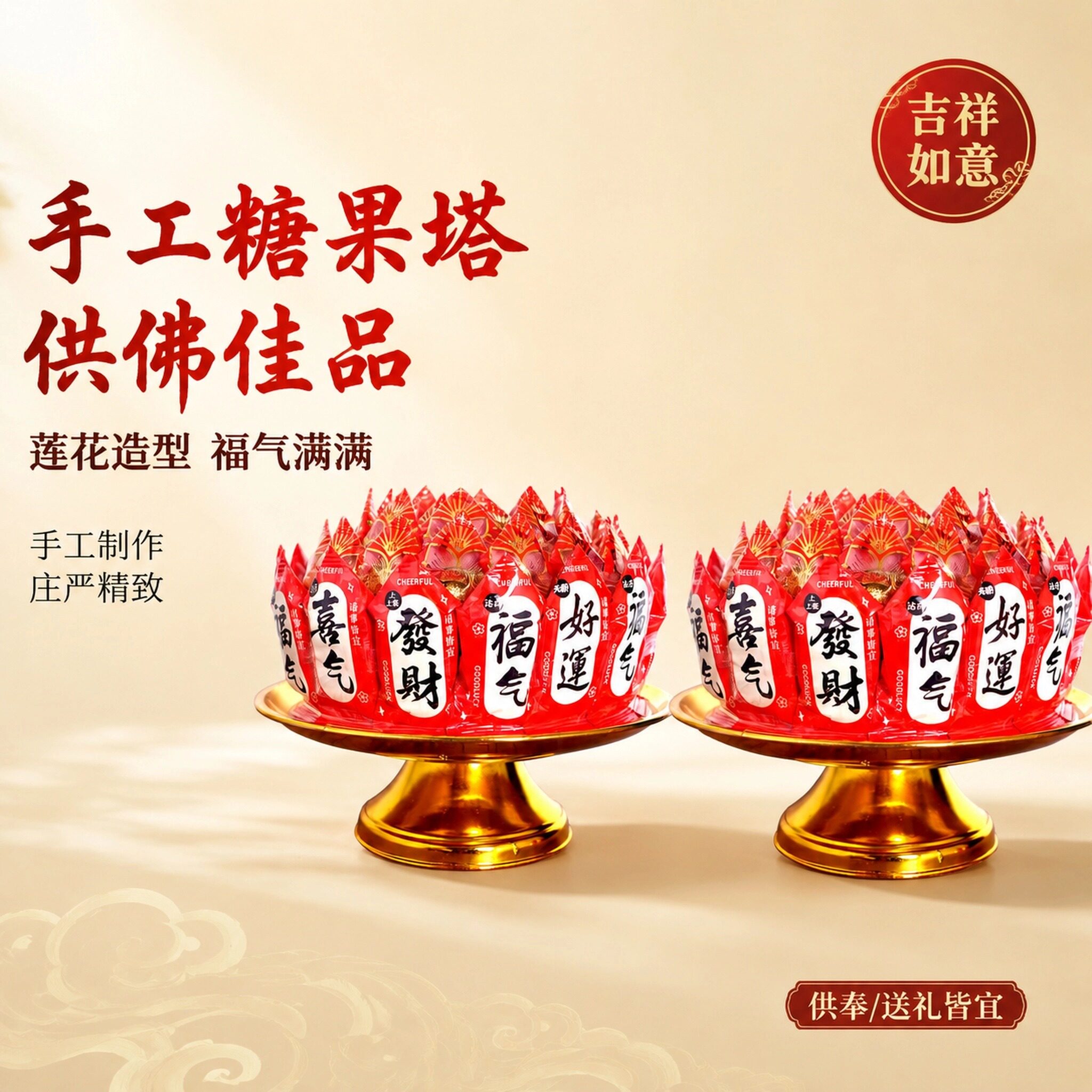 福气好运发财莲花糖果塔 闽南潮汕拜月娘初一十五供佛软糖酥糖塔