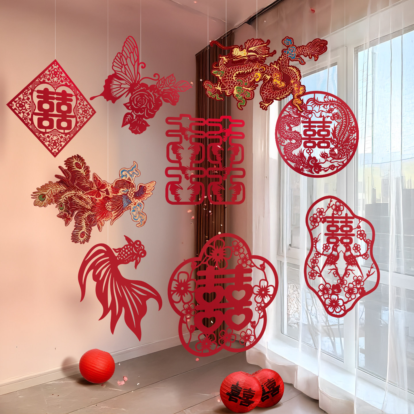 婚房布置套装喜字窗花剪纸挂饰新中式结婚男方女方无纺布拉花装饰