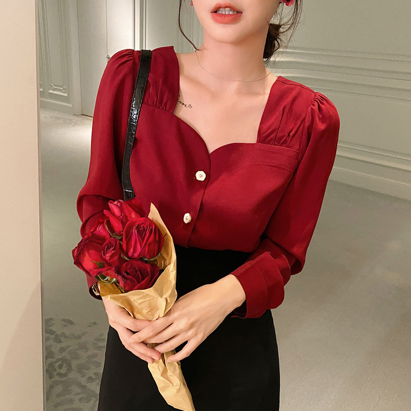 岛歌夫人法式复古宫廷风长袖气质衬衣衬衫锁骨红色方领上衣女显瘦