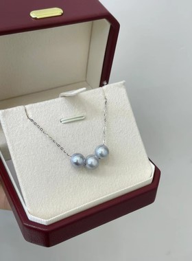 7-8mm海水akoya真多麻纯银万能链经典三珠微笑款正圆强光微瑕