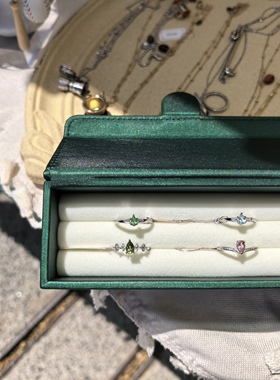 天然水滴沙弗莱托帕石粉碧玺薄荷绿碧玺四叶草皇冠简约925银戒指