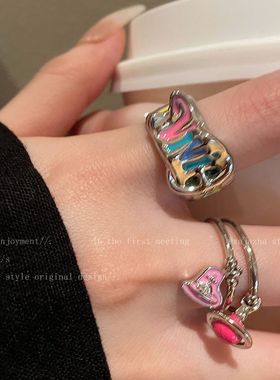彩色字母爱心西太后戒指女款轻奢小众精致开口食指戒独特个性指环