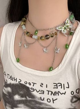 绿色冰晶蝴蝶水晶串珠流苏项链