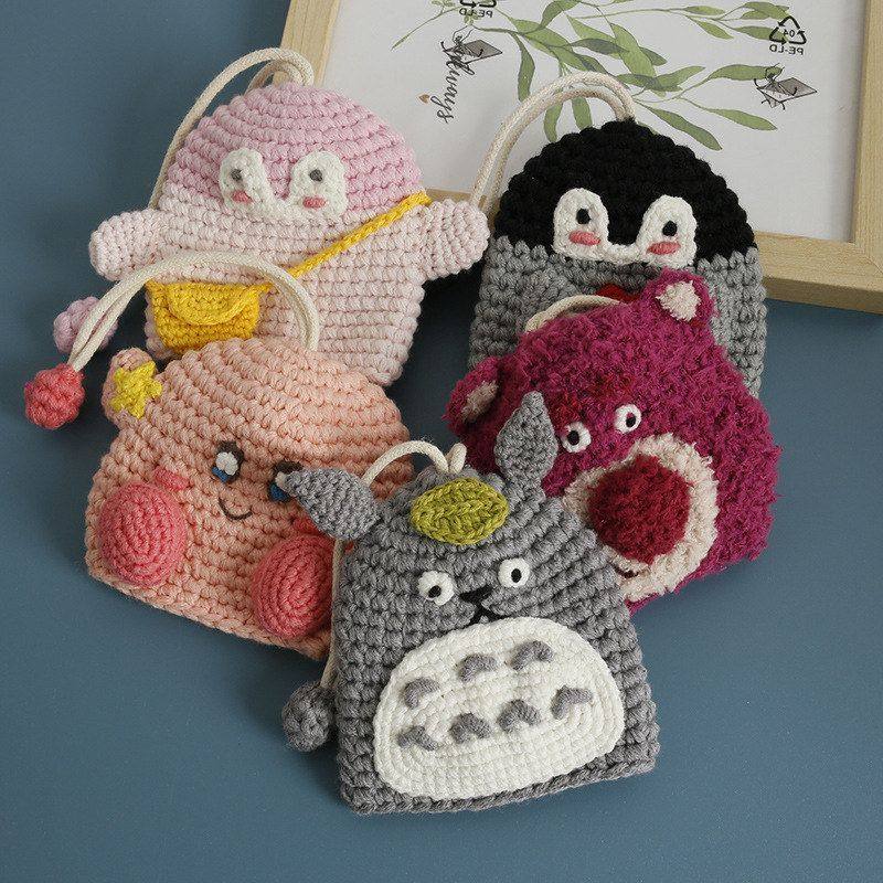 韩版手工钩织钥匙包 毛线编织动漫抽拉钥匙套 可爱车钥匙包保护包