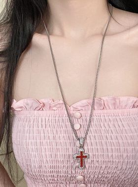 跨境嘻哈满钻十字架项链不掉色钢链条锁骨链欧美甜酷辣妹超闪项饰