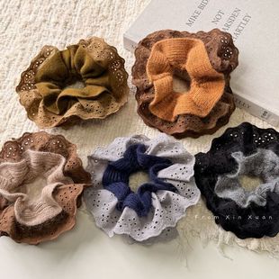 秋冬毛线收腰大肠发圈大号蕾丝花边高级感头绳慵懒风双层发绳发饰