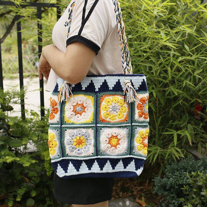新款手工编织敦煌款单肩包 大号毛线钩织祖母方格包 复古风女包,箱包皮具/热销女包/男包,编织包,淘宝优惠券,粉丝福利购,淘宝优惠卷