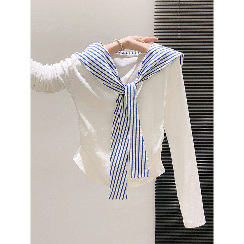 白色条纹披肩v领长袖t恤女春季2026新款修身内搭收腰上衣