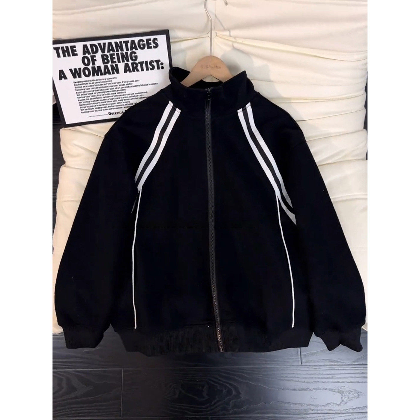 黑色美式立领条纹外套男女款春季潮牌学院风卫衣开衫重磅运动夹克