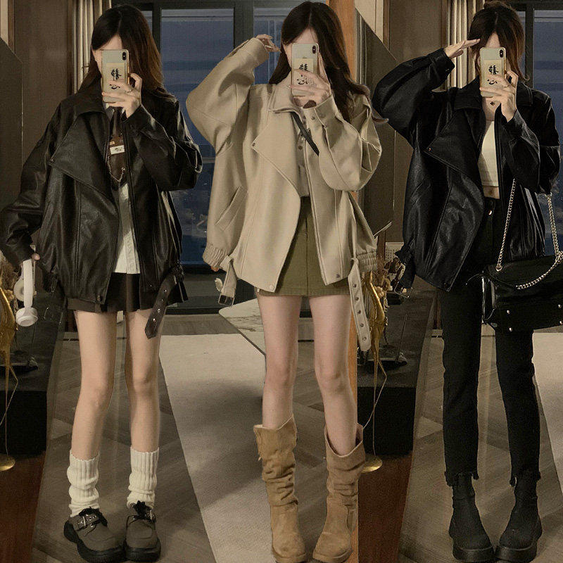 皮衣外套女2026春秋季新款美式酷飒风宽松百搭翻领PU机车服夹克女