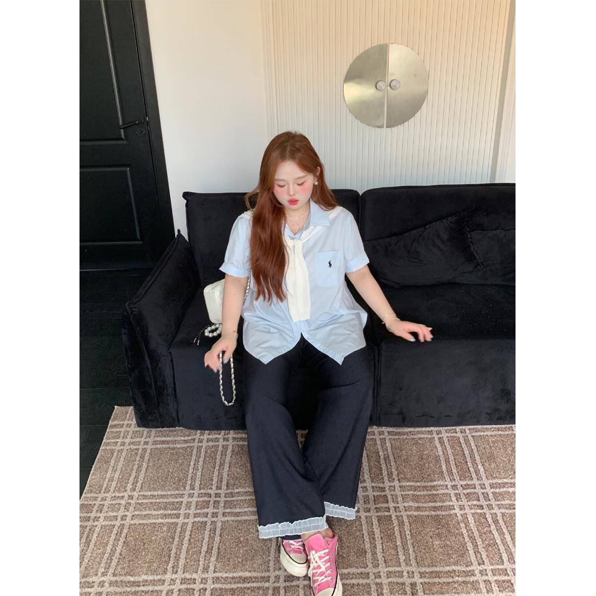 徐达布大码通勤衬衫女装定制新款蓝色短袖上衣夏季微胖高级感衬衣