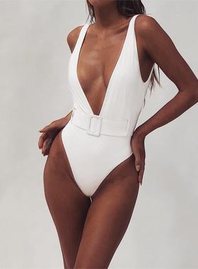 速卖通热卖超低胸深V领连体泳衣腰带纯色一体式比基尼性感bikini