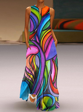 2023 Women's new printed neck dress Ladies clothes plus szie