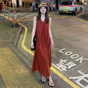 绝美巨好看海边度假长裙 红色无袖 背心连衣裙子女夏季 2025新款 爆款