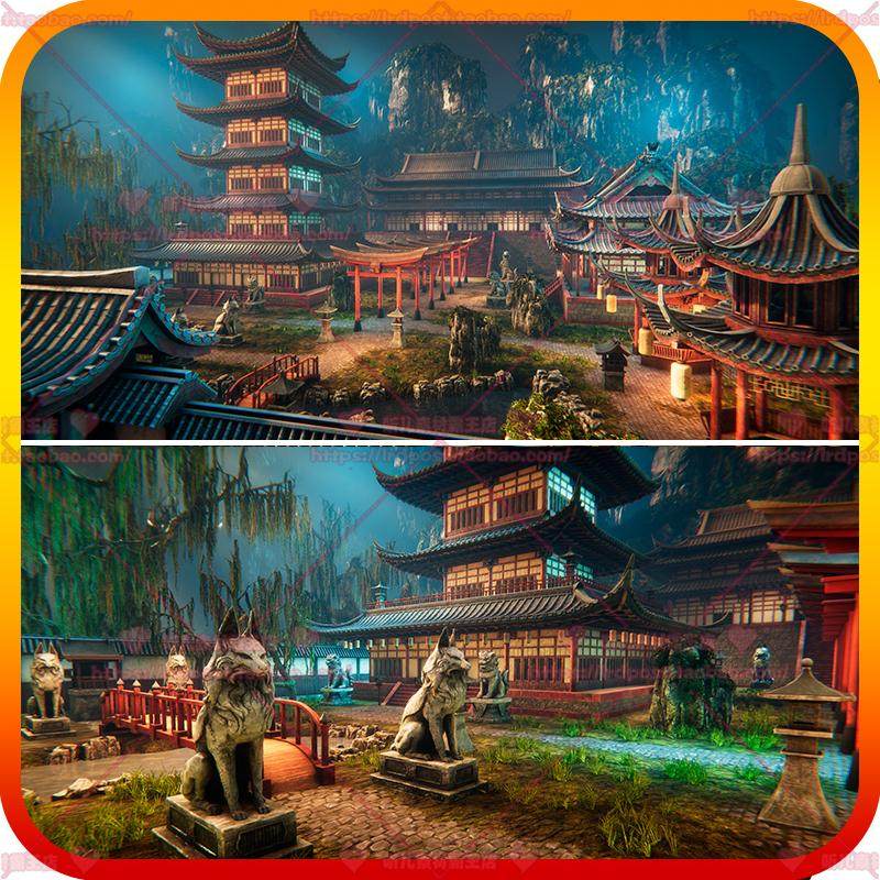 UE5虚幻5中国风古建筑亭台楼阁宝塔寺庙雕像柳树岩石场景3D模型_虎窝淘