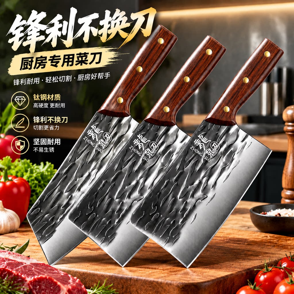 龙泉菜刀套装钛钢锻打家用超快锋利厨师专用切肉切片砍骨刀具厨房