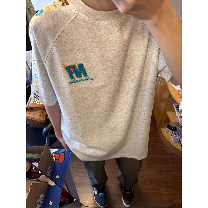 美式撞色字母刺绣短袖男款夏季少年感穿搭纯棉T恤重磅小领口上衣