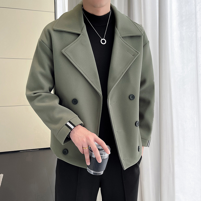 毛呢西装男外套短款高端冬季加厚呢子大衣休闲双排扣高级感小风衣
