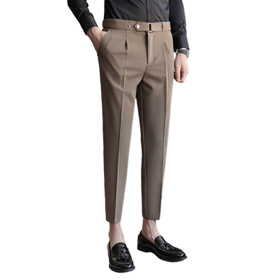 咖啡色裤子男显高九分英式腰带