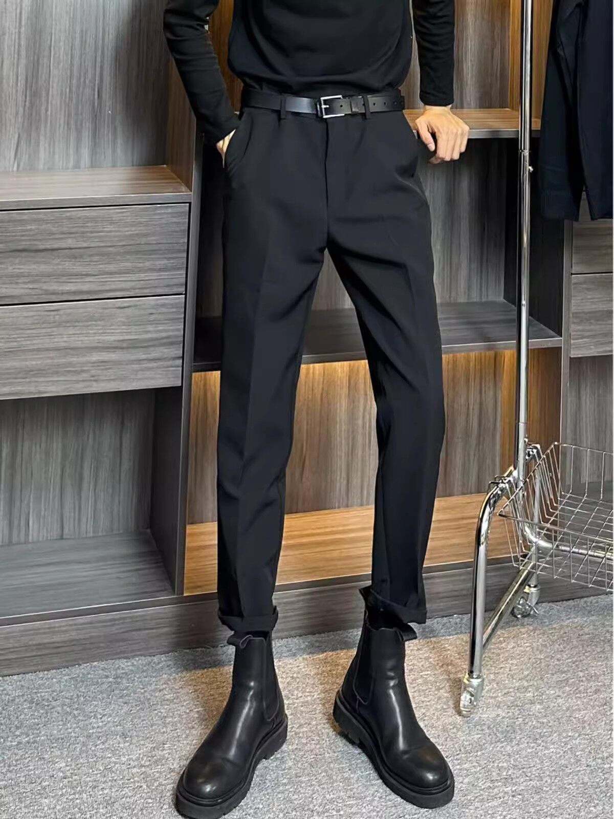 黑色直筒西裤秋冬款加绒马丁靴穿搭裤子男束脚加长版高个子垂感裤