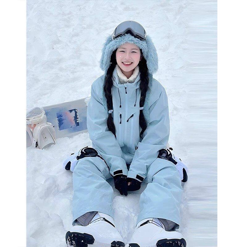 天蓝色单双板滑雪服男女款套装冬季防寒滑雪裤情侣加绒冲锋衣棉服
