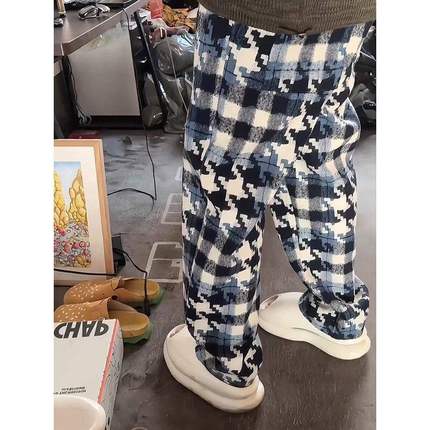 做旧蓝色千鸟格子裤子男春秋季重磅卫裤小众设计感直筒垂感休闲裤