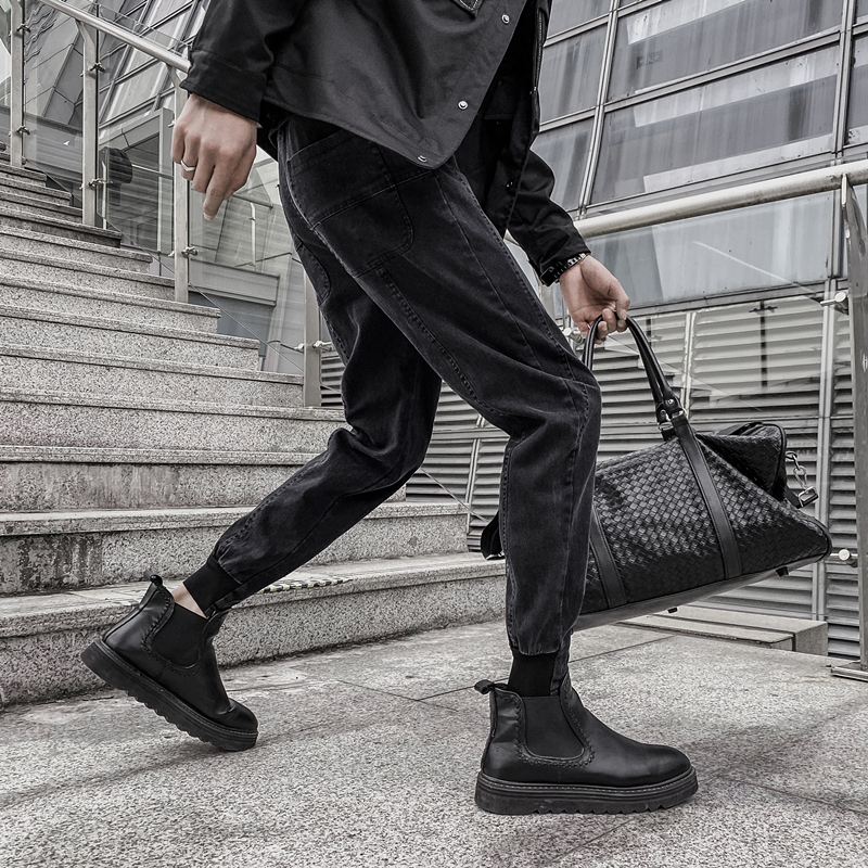 马丁靴裤子搭配男牛仔裤哈伦修身小脚弹力加绒加厚带绒收口束脚裤