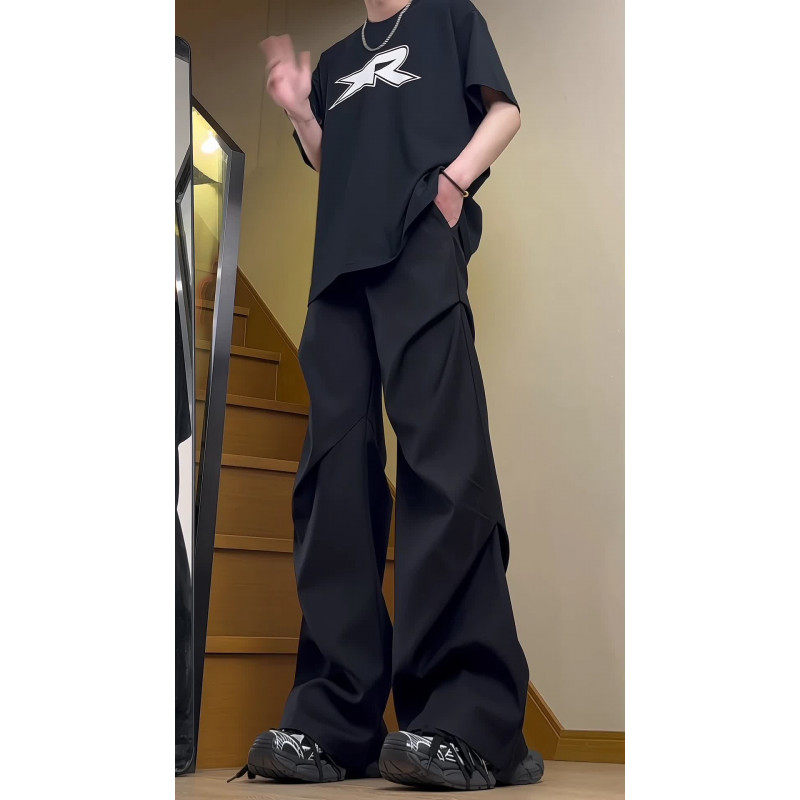 cleanfit褶皱微喇西裤男款垂感高级感炸街痞帅裤子直筒潮牌阔腿裤