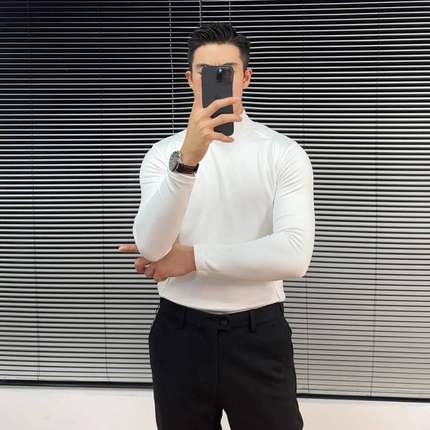 白色半高领德绒打底衫男秋冬加绒加厚保暖卫衣可外穿美式长袖t恤