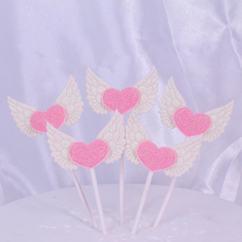 爱心天使翅膀蛋糕插件白色镶钻粉装饰摆件情人节布置主题烘焙装扮