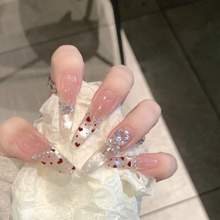 新款显白法式爱心玻璃珠猫眼美甲穿戴甲ins封网红同款手工穿戴甲